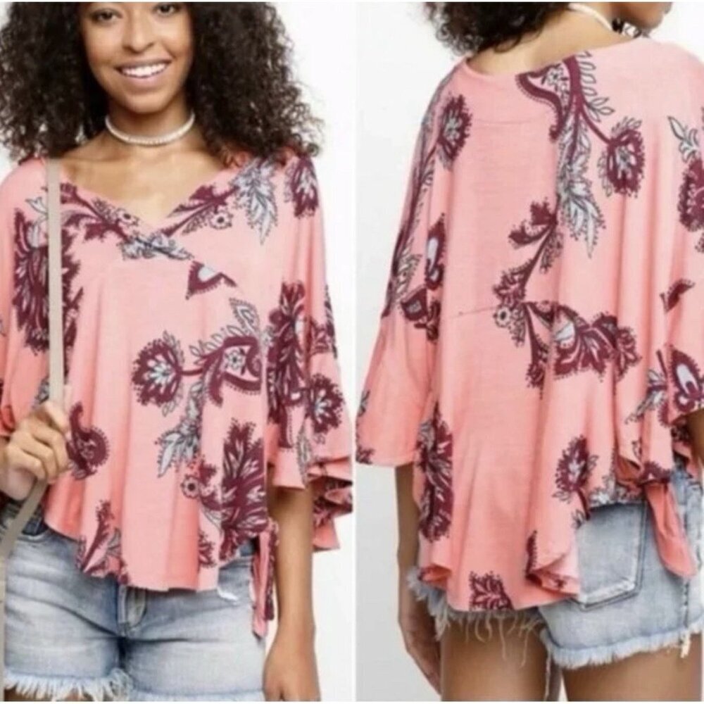 Free People Maui Wowie Printed Knit Top $78 Small Passion Flower Paisley Boho